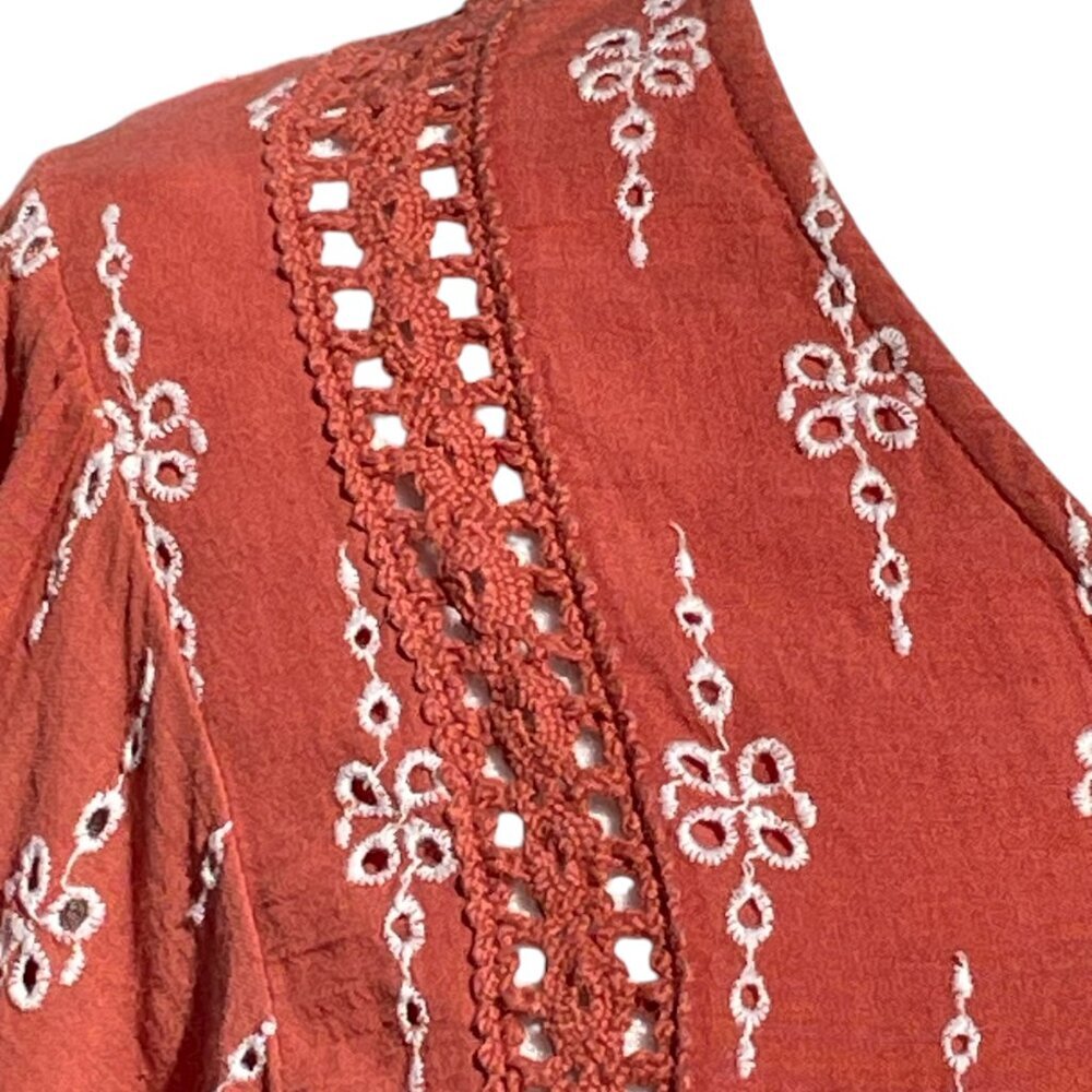 American Eagle Rust Embroidered Babydoll Peasant Blouse Balloon Sleeve M - Picture 6 of 12